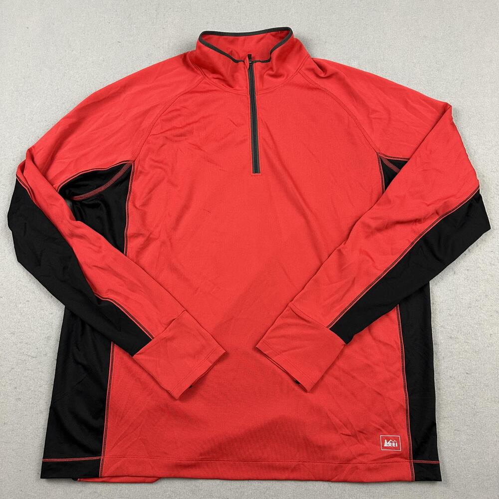 REI Sweater Men XL Red 1/4 Zip Mock Neck Polyester Spandex Hiking Logo